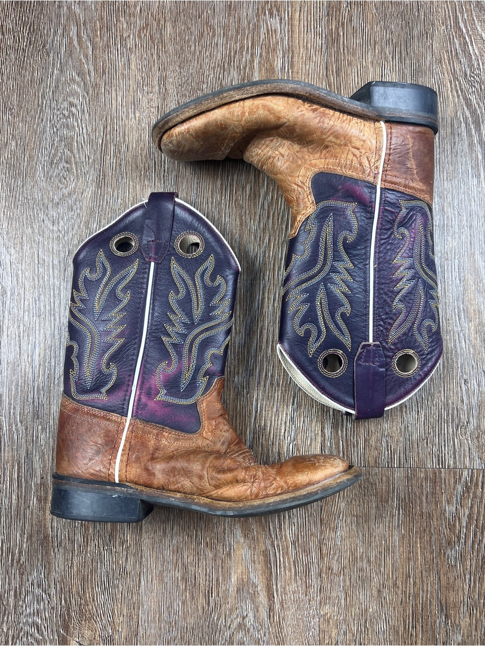 Old West Kids Cowboy Boots Square Toe Tan Magenta Leather Western | Size: 2